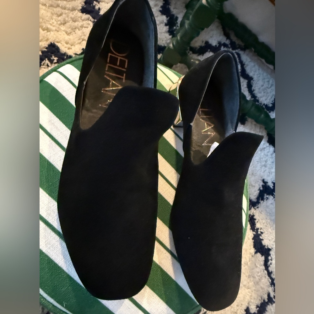 Never worn Black suede loafer with silver heel. Very plush and comfortable. Sz9